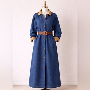 Vintage Inspired Denim Barn Coat Maxi Chore Jacket Blue Button Front